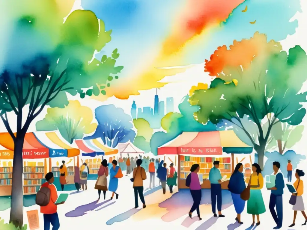 Vibrante ilustración acuarela de diversidad lingüística en ferias libro