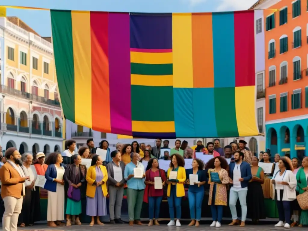 Un vibrante encuentro de poetas iberoamericanos recitando en una plaza llena de diversidad, creatividad y unión