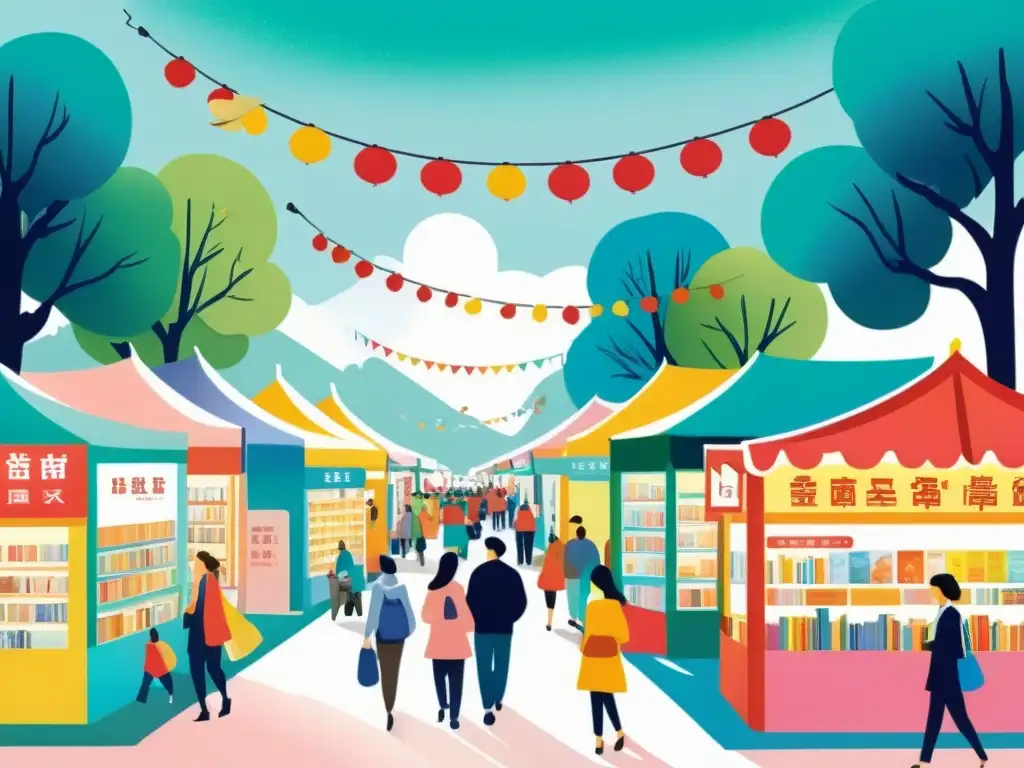 Vibrante escena en la Feria del Libro de Beijing con ilustraciones de literatura contemporánea, autores y lectores en conversaciones animadas