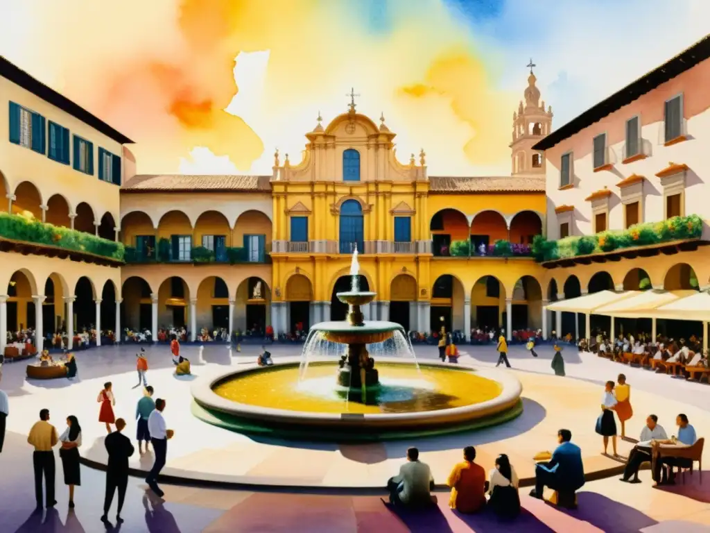 Vibrante escena de la plaza del Siglo de Oro con poetas y pintores, reflejando la poesía en la pintura del Siglo de Oro