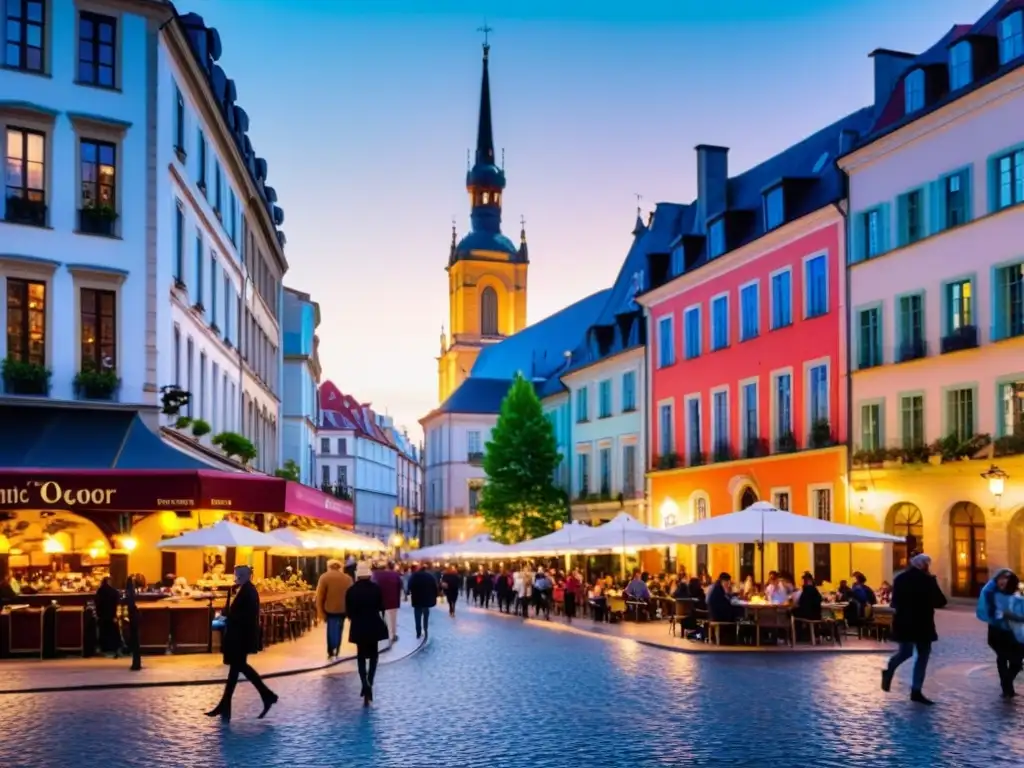 Vibrante escena urbana con arquitectura europea, cafés al aire libre y una catedral al atardecer