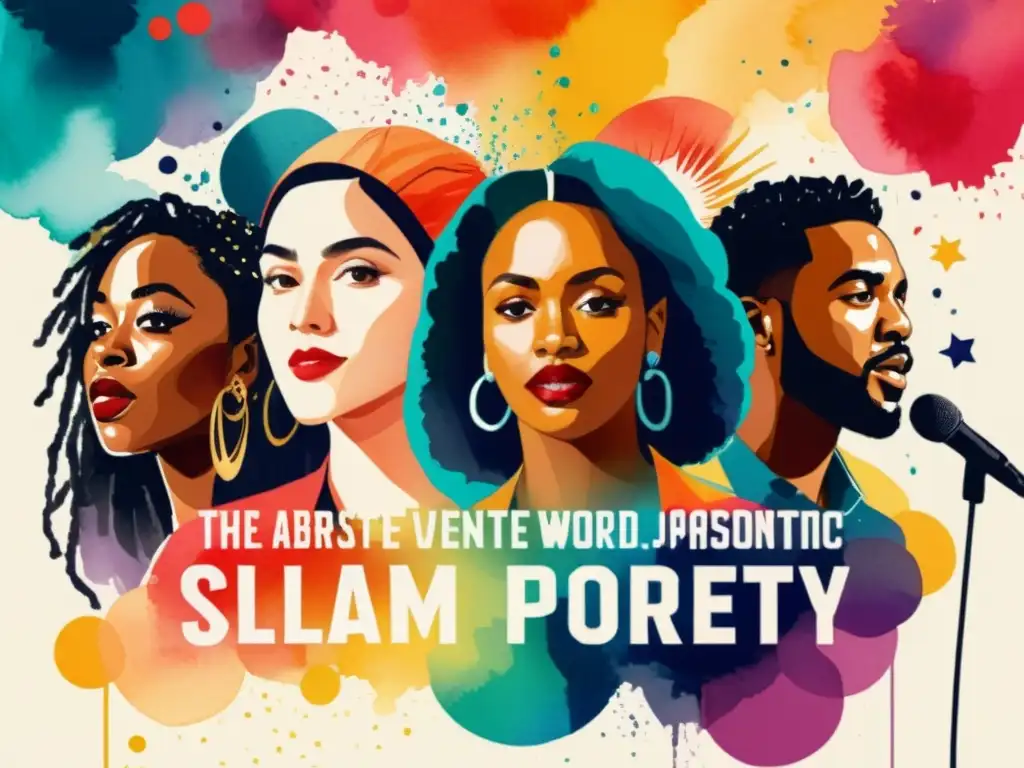 Un vibrante escenario virtual de slam poetry con poetas apasionados y efectos digitales que representan la creatividad y la unidad