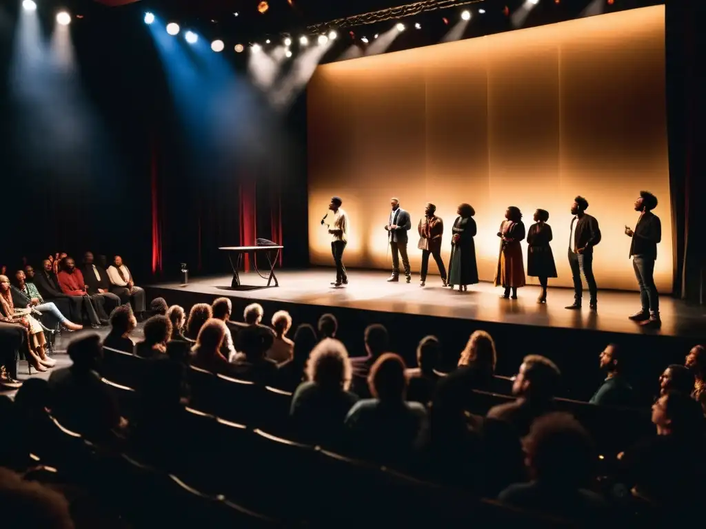 Un vibrante evento de poesía contemporánea rompe esquemas, con poetas apasionados actuando en un escenario iluminado