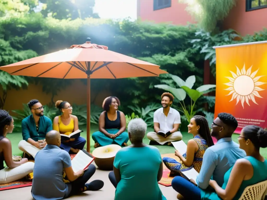 Un vibrante evento de lectura de poesía multicultural en un patio soleado, con poetas recitando en varios idiomas mientras oyentes de diversas culturas se sumergen en la belleza de la palabra hablada, rodeados de exuberante vegetación y arte colorido