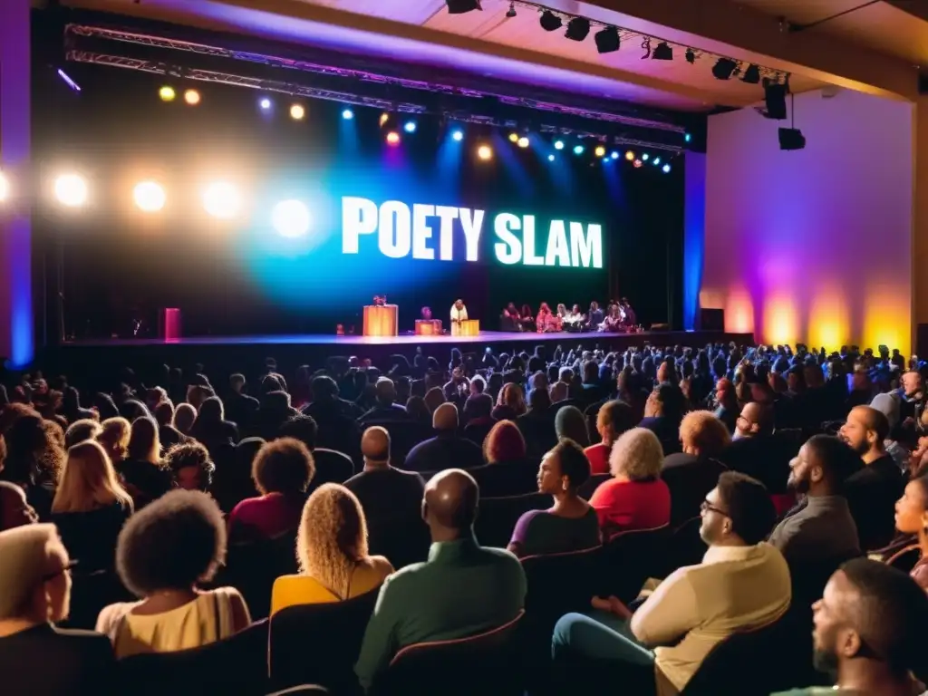 Un vibrante evento de poesía slam moderna, con poetas diversos y público cautivado en una atmósfera creativa