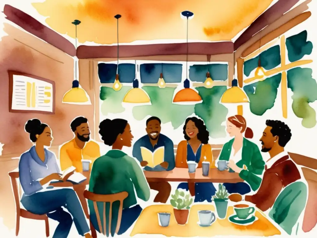 Vibrante ilustración acuarela de un evento poético en un acogedor café, construyendo comunidad con conversaciones animadas y lectura de poesía