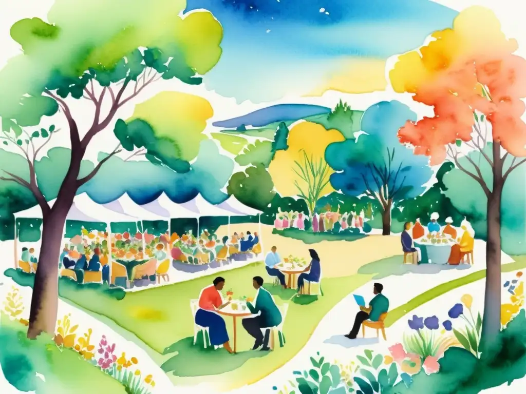 Vibrante ilustración de un evento poético al aire libre con diversidad y creatividad