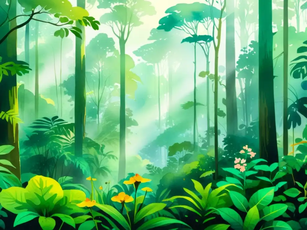 Una ilustración acuarela vibrante de un exuberante y verde bosque lluvioso, repleto de vida