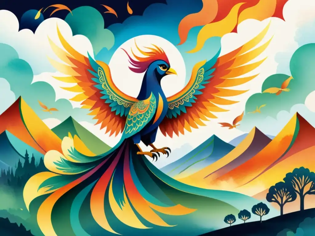 Una ilustración acuarela vibrante de un fénix emergiendo de las cenizas, con plumaje adornado con patrones y colores representando diversos idiomas y culturas, simbolizando la resiliencia y revitalización de salvar la poesía en lenguas condenadas