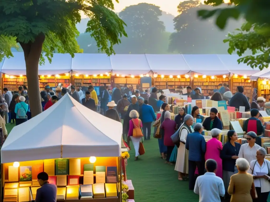 Vibrante feria del libro al aire libre con puestos coloridos, autores entusiastas y una atmósfera poética en las Ferias del Libro poesía mundial