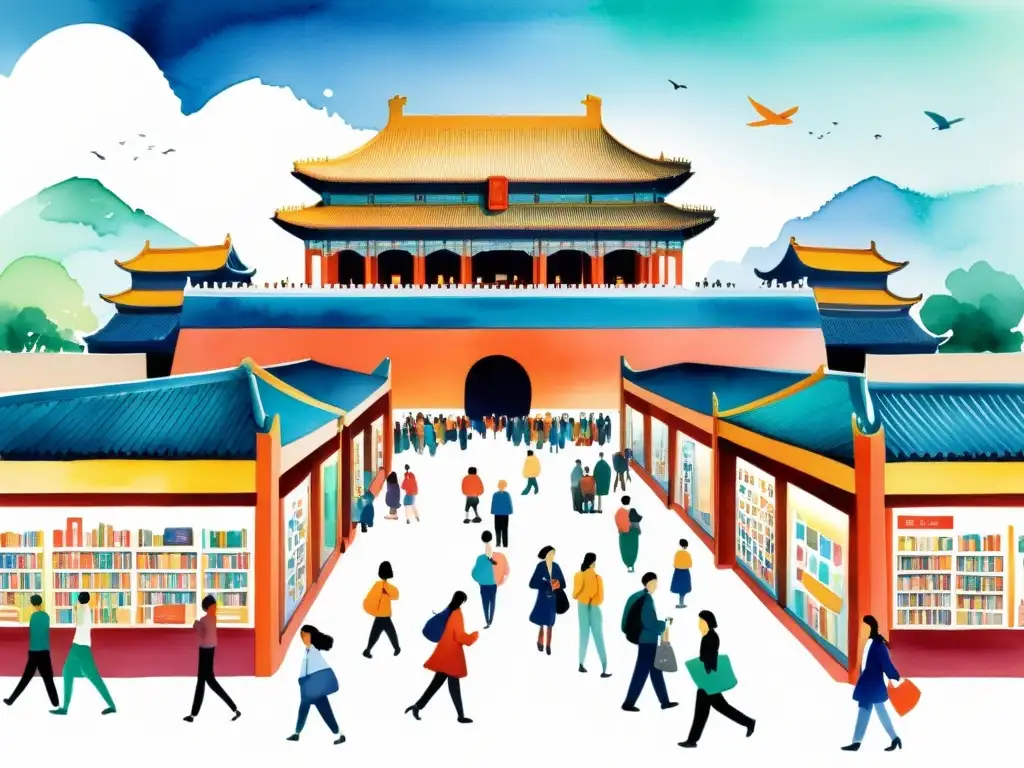 Vibrante ilustración acuarela de la Feria del Libro Beijing, con autores contemporáneos y bulliciosos puestos de libros