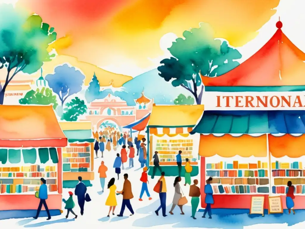 Vibrante Feria del Libro con colaboraciones internacionales, gente diversa, libros coloridos y un ambiente multicultural