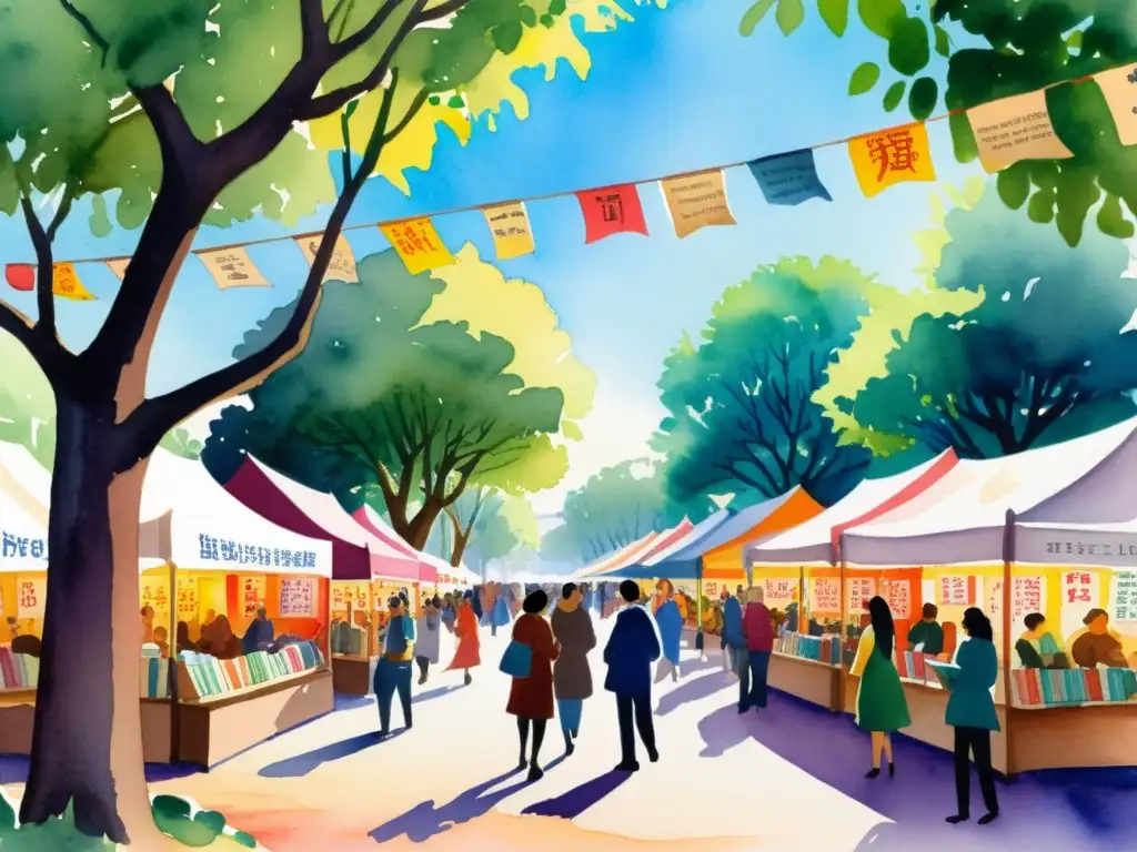 Vibrante feria del libro con diversidad lingüística, poetas recitando, traductores trabajando y gente de diferentes culturas disfrutando