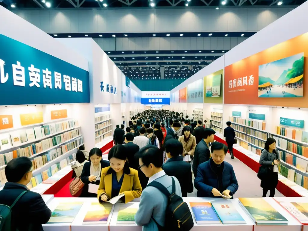 Vibrante Feria del Libro Beijing con ilustraciones de literatura contemporánea en acuarela