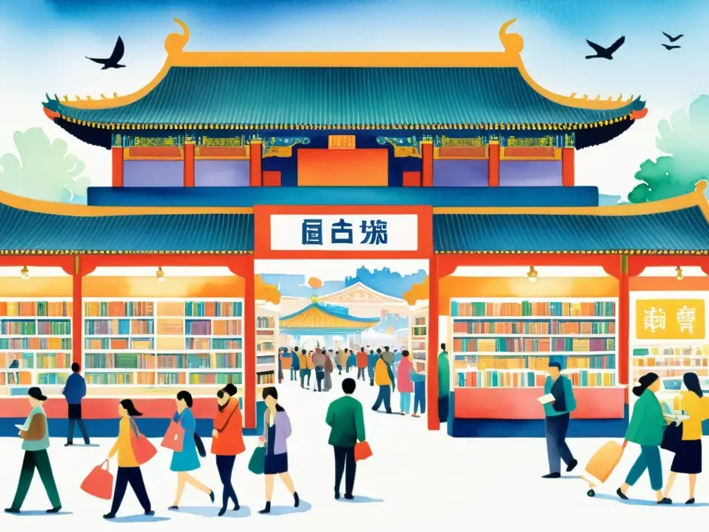 Vibrante ilustración acuarela de la Feria del Libro Internacional de Beijing, capturando la energía de la literatura contemporánea en el evento