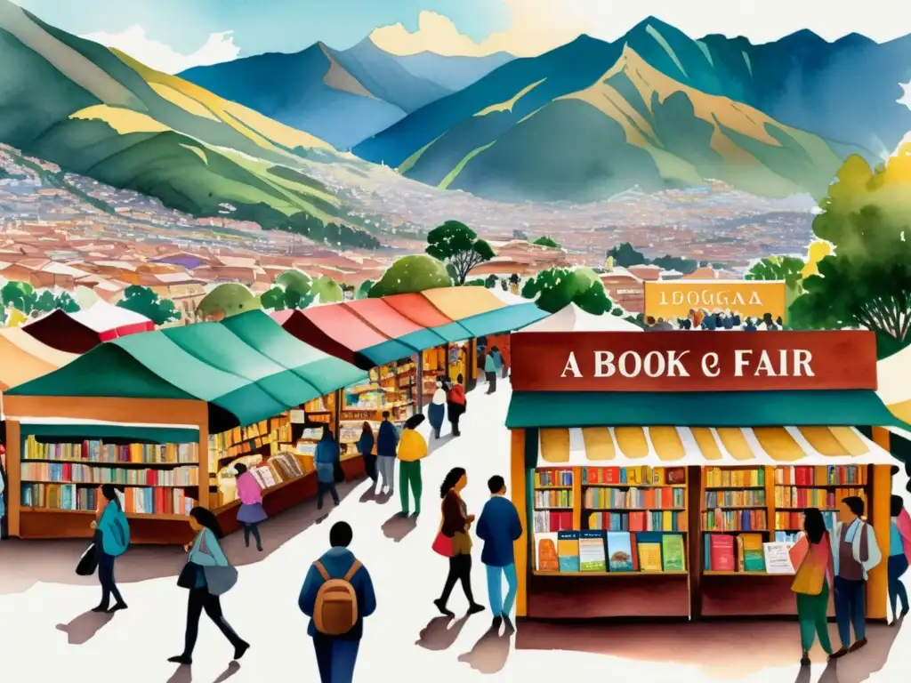 Colorida Feria del Libro en Bogotá: Poesía, Cultura y Montañas Vibrante feria del libro en Bogotá con novedades poéticas, autores y montañas Andinas al fondo
