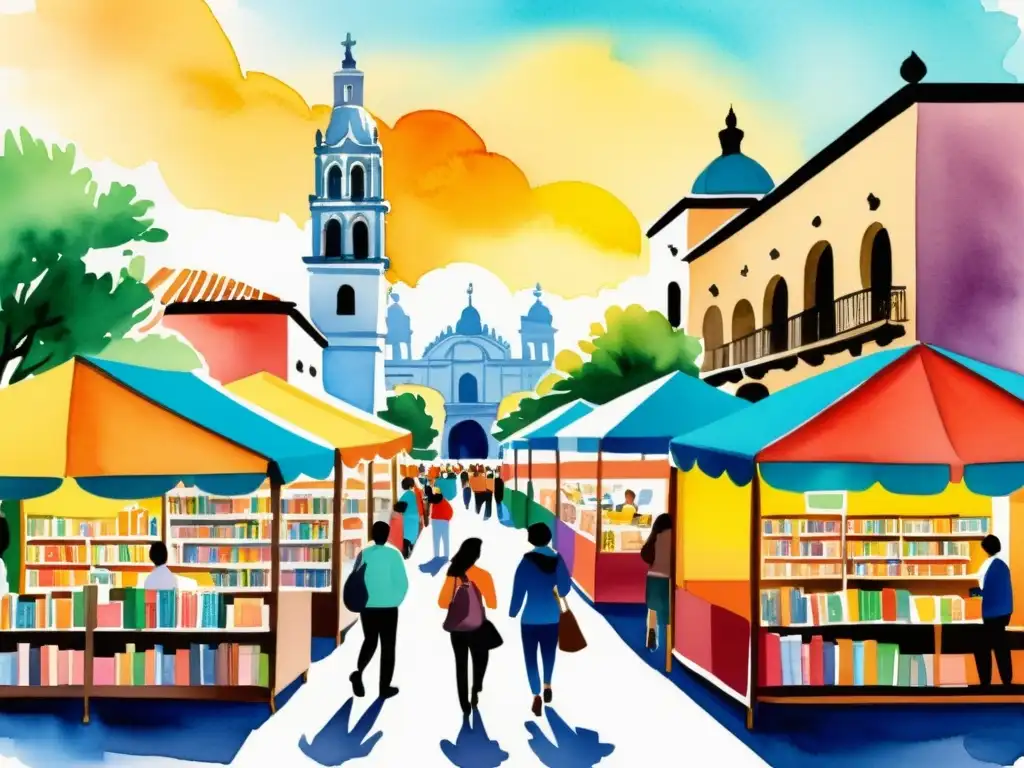 Vibrante feria del libro en Guadalajara, con puestos coloridos y ambiente poético, bajo el cálido sol