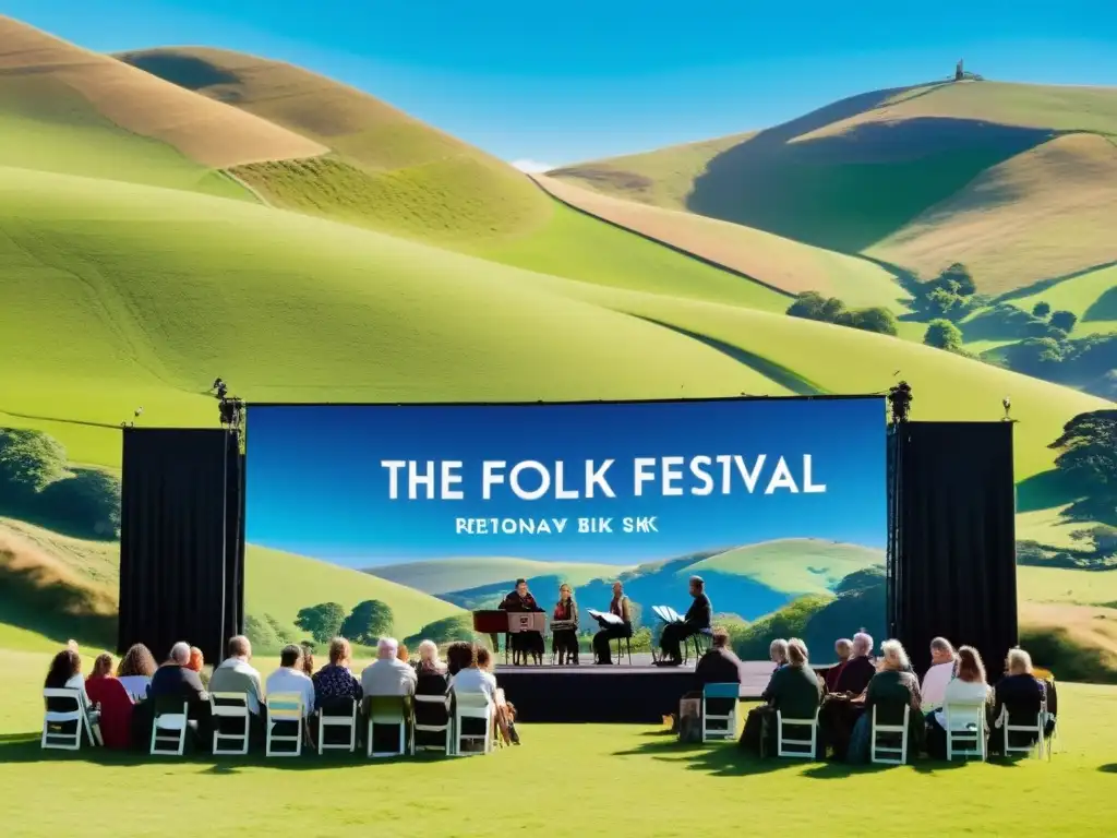 Vibrante festival de poesía contemporánea y folclore mundial en un escenario soleado, rodeado de colinas verdes y cielo azul