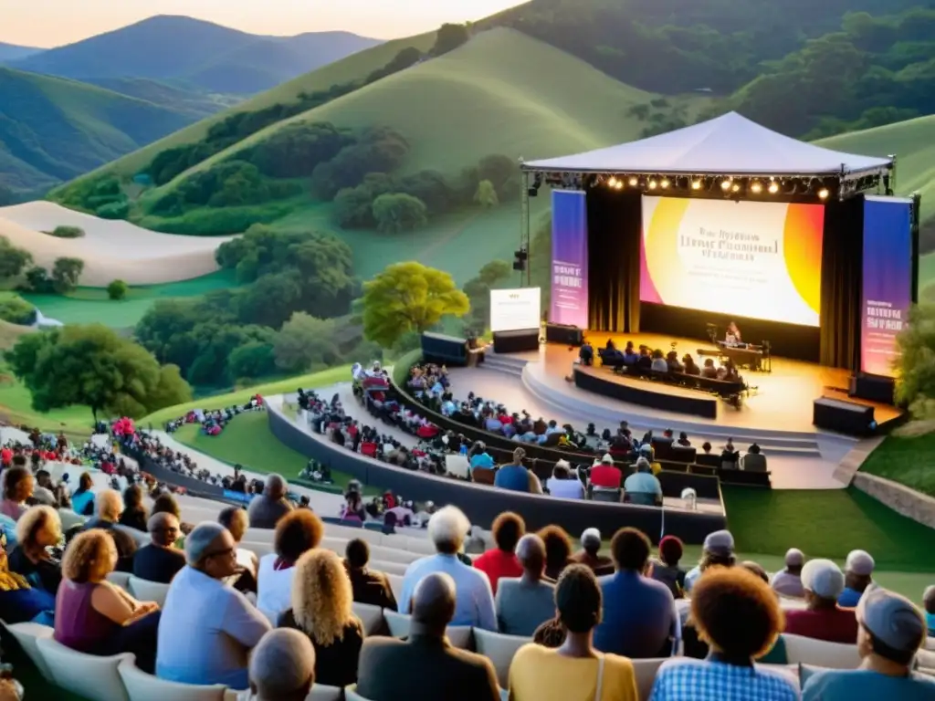 Vibrante festival poético internacional, poetas recitan apasionadamente en un anfiteatro con público atento