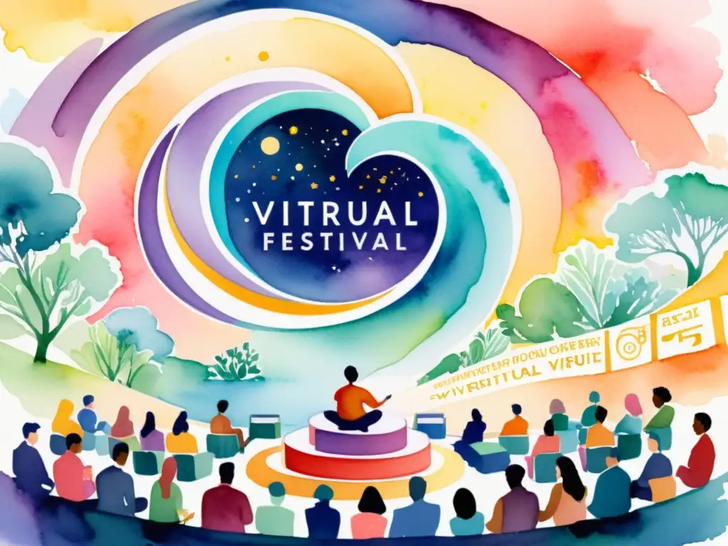 Vibrante festival poético virtual con escenario y audiencia diversa, en paisaje digital