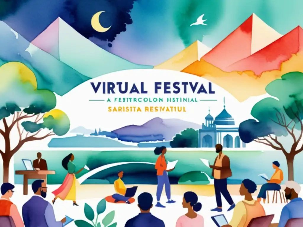 Vibrante festival de poesía virtual con participantes de diversas culturas y épocas, recitando versos en paisajes virtuales