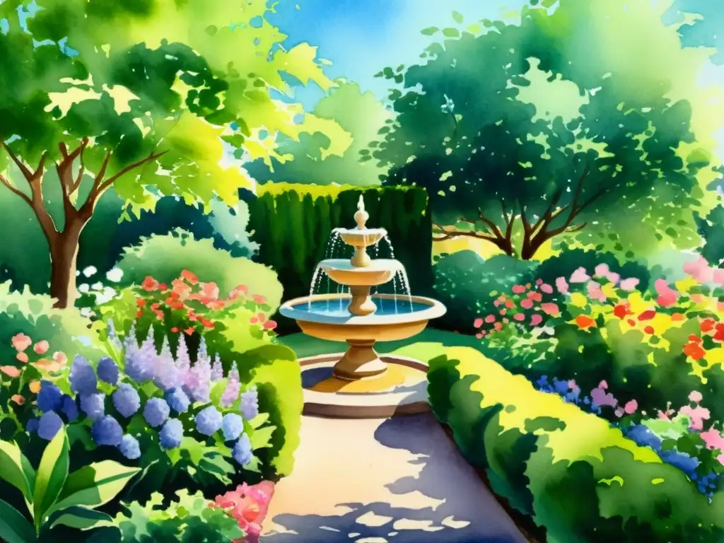 Jardín sereno: acuarela de flores vibrantes Un jardín vibrante con flores fragantes y una fuente elegante, evocando poesía sensorial
