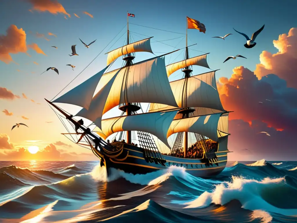 Una ilustración vibrante de un galeón navegando en el océano Atlántico al atardecer, rodeado de gaviotas