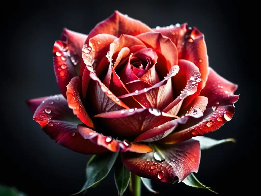 Una rosa roja vibrante con gotas de agua, destacando en un fondo oscuro