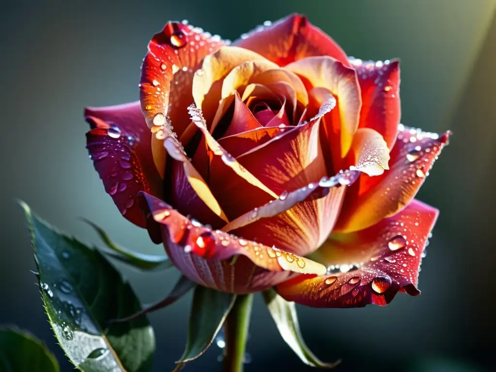 Una rosa roja vibrante con gotas de rocío, bañada por la luz del sol