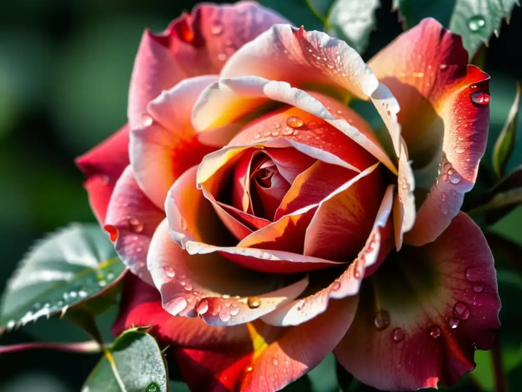 Una rosa roja vibrante con gotas de rocío brillantes en sus pétalos, bañada por la luz del sol entre hojas verdes