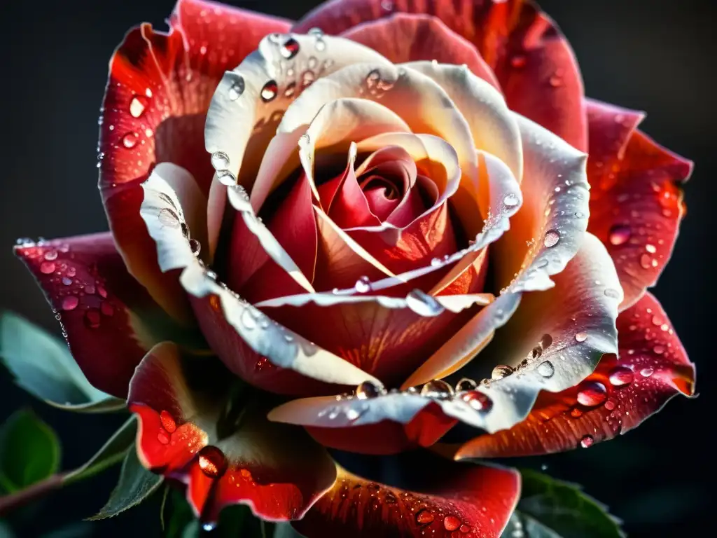 Una rosa roja vibrante, con gotas de rocío y pétalos delicados, evocando la pasión y sensualidad de la poesía uruguaya