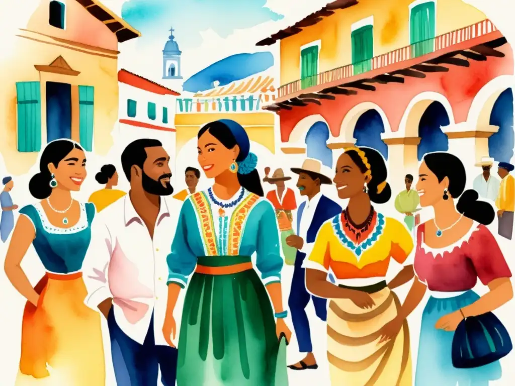 Una ilustración acuarela vibrante de un grupo diverso de personas de diversas culturas e iberoamericanas, reunidas en un bullicioso mercado