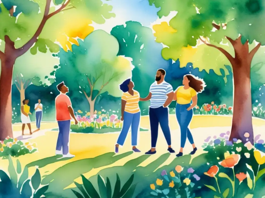 Imaginería poesía LGBTQ+: Acuarela vibrante con grupo diverso disfrutando el sol en un parque, radiando alegría y camaradería