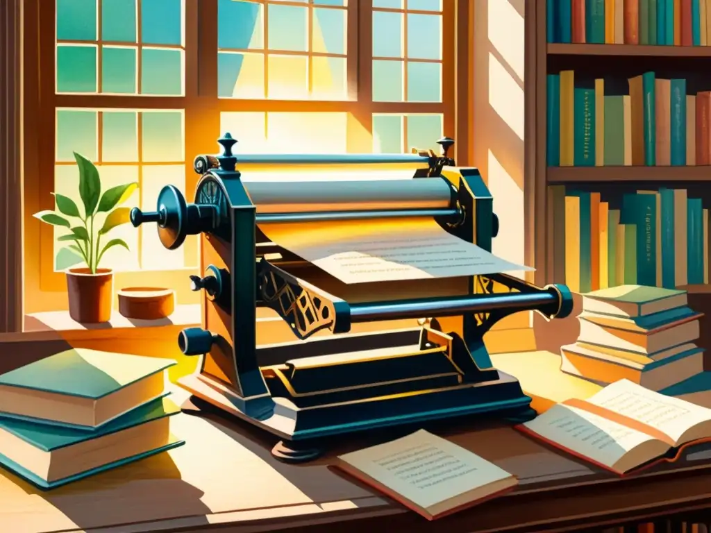 Una ilustración acuarela vibrante muestra una imprenta vintage rodeada de libros de poesía, iluminada por rayos de sol