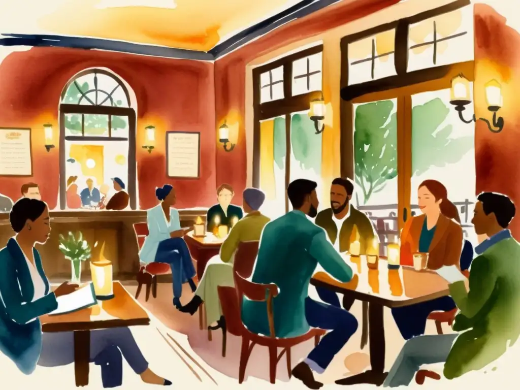 Vibrante ilustración acuarela de lectura de poesía en café