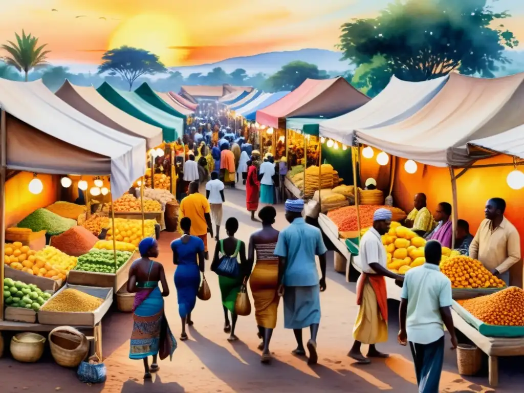 Mercado africano: pintura acuarela 8k Vibrante mercado africano en acuarela 8k, con diversidad cultural, coloridos puestos y actividad bulliciosa bajo una cálida puesta de sol