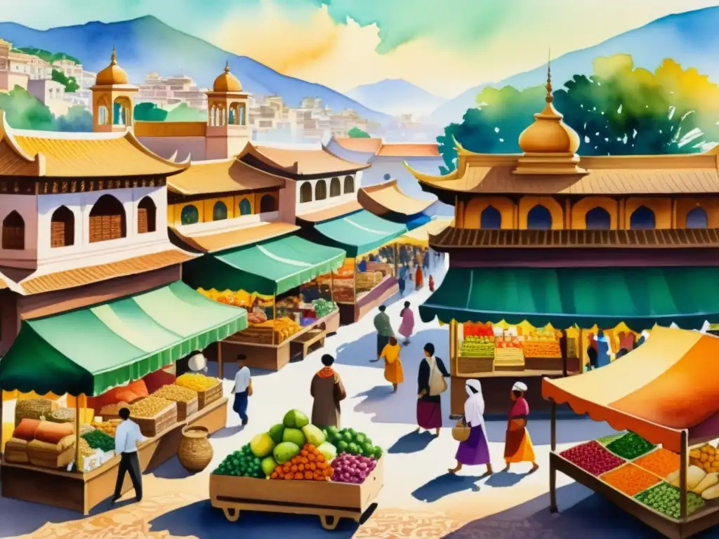 Vibrante mercado en una exótica ciudad, con vendedores locales y productos coloridos
