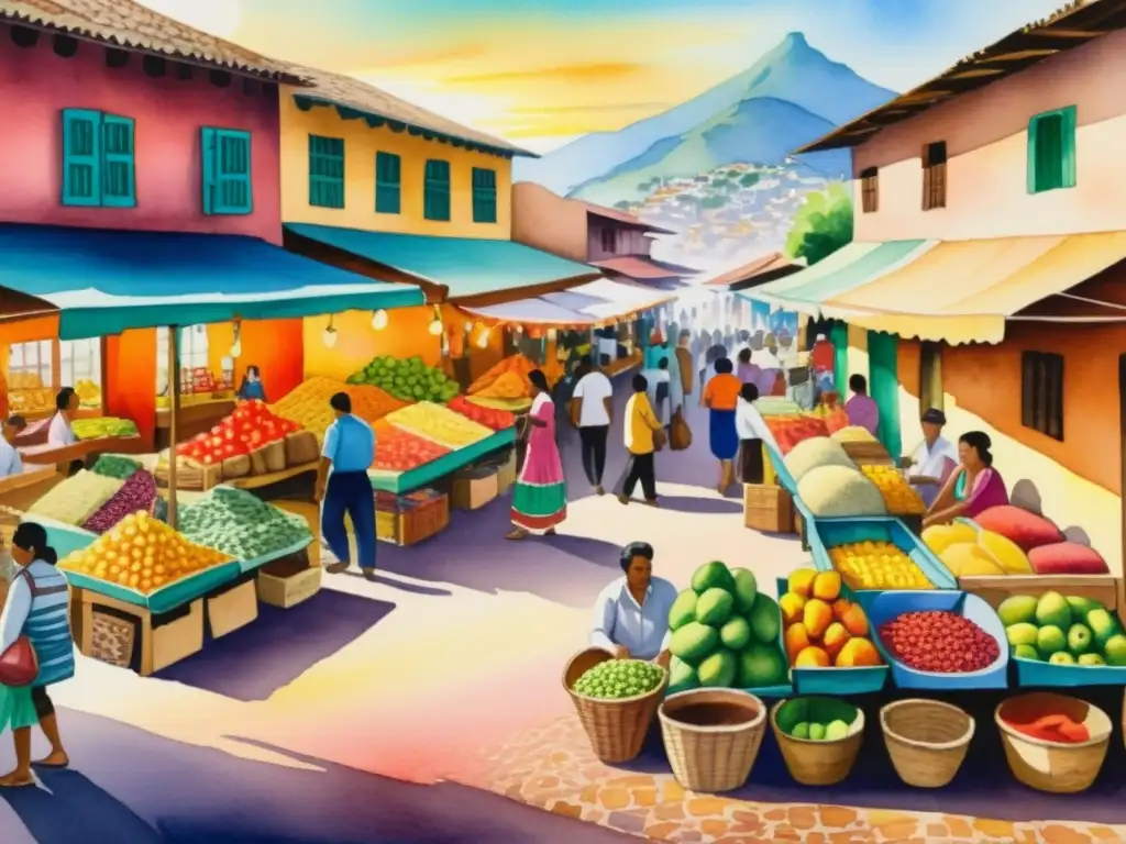 Vibrante mercado latinoamericano con colores y detalles, reflejando la energía y diversidad de la región