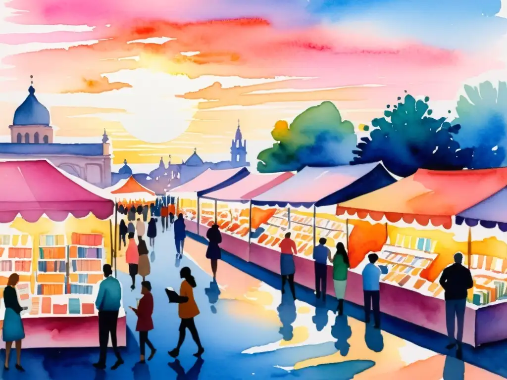 Vibrante mercado de libros de poesía innovadores bajo el cálido atardecer