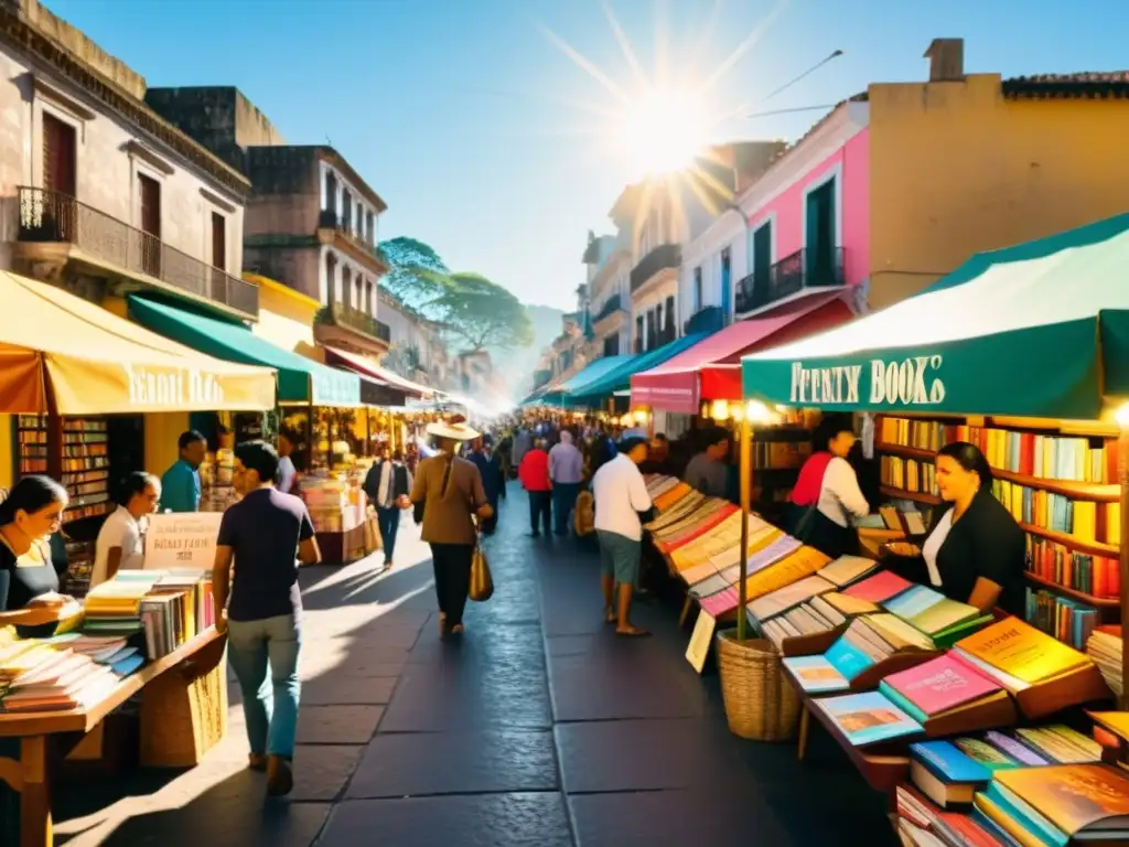 Vibrante mercado de libros de poesía iberoamericana en una ciudad histórica, con gente y vendedores bajo el cálido sol