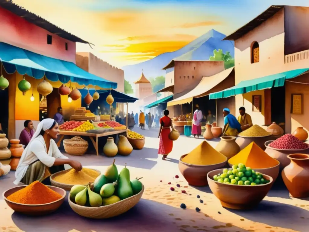 Un vibrante mercado lleno de colores y vida, donde la luz del atardecer realza la belleza de una cultura rica y diversa