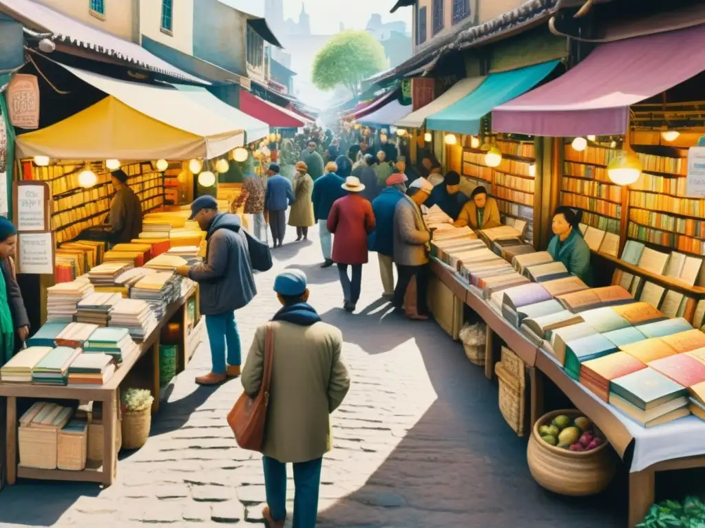 Vibrante mercado de poesía con vendedores y compradores inspeccionando libros con lupa