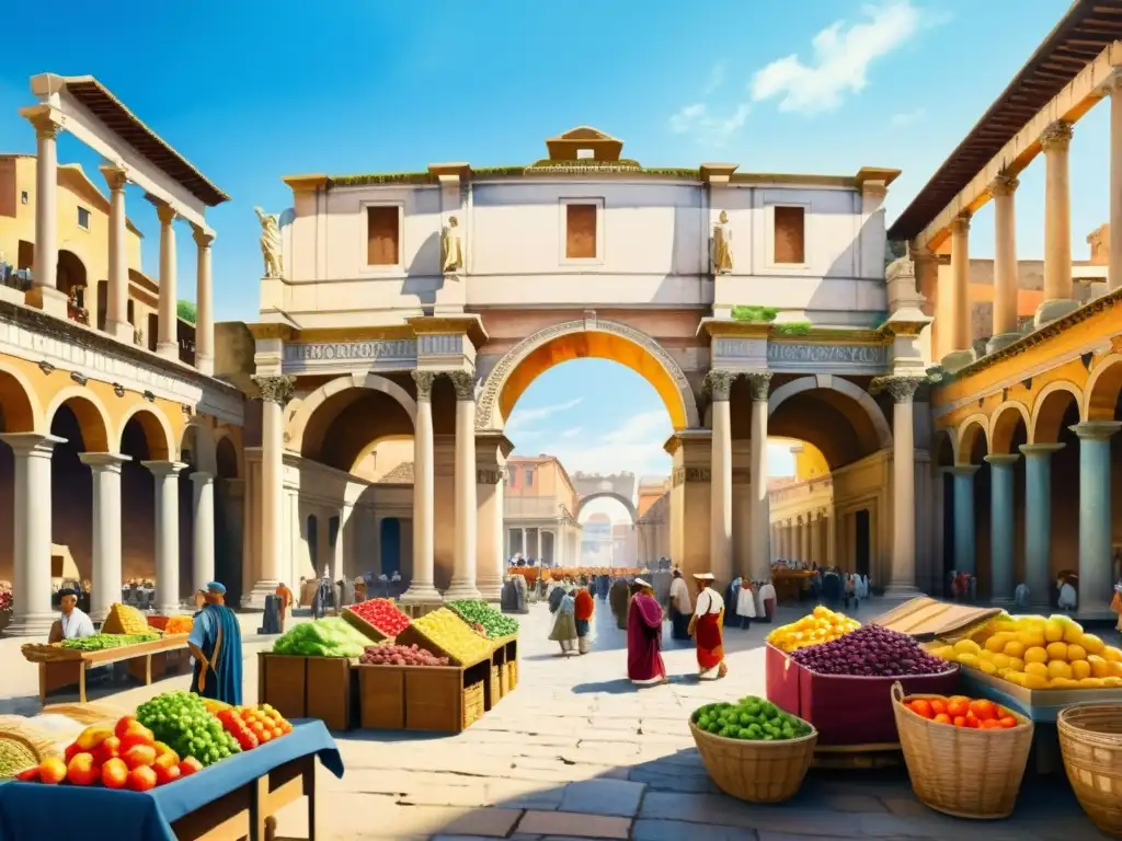 Vibrante mercado romano con frutas, telas y arquitectura majestuosa bajo el cálido sol