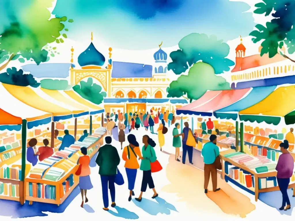 Una ilustración vibrante y multicultural de una bulliciosa feria del libro, celebrando la influencia de las ferias del libro en la integración global