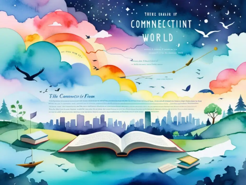 Vibrante mundo digital poético en acuarela Vibrante ilustración acuarela de un mundo digital poético con elementos literarios flotantes