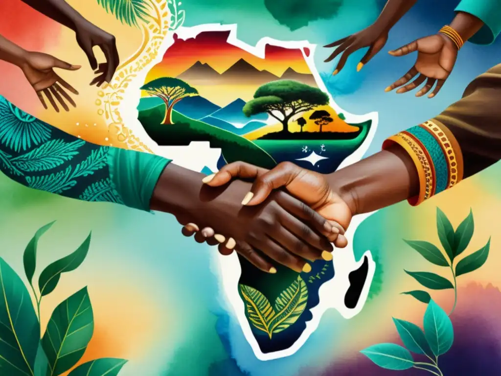 Un vibrante mural de acuarela muestra manos diversas unidas en la traducción de poesía africana en múltiples idiomas, simbolizando la belleza de la colaboración cultural y la creatividad lingüística