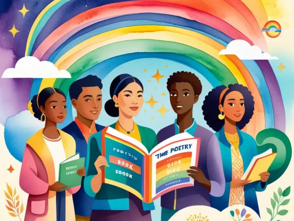 Un vibrante mural acuarela de personas diversas sosteniendo libros de poesía, rodeados de elementos LGBTQ+ en un torbellino de colores