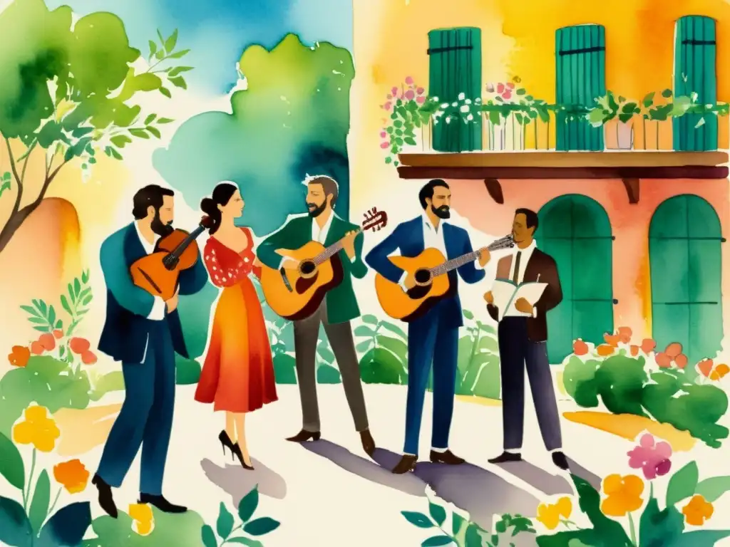 Un vibrante mural acuarela de poetas y músicos del Siglo de Plata en un patio soleado, rodeados de flores