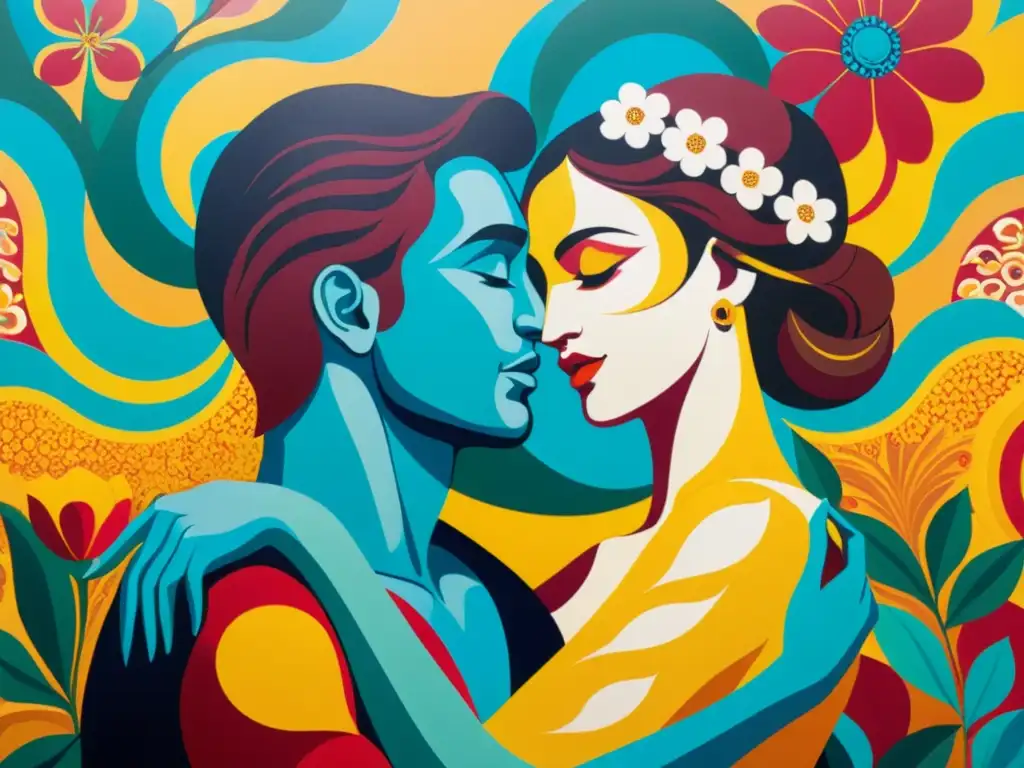 Un vibrante mural que representa el amor y el desamor en la poesía Iberoamericana, con una intensa y tierna abrazo entre amantes y colores saturados