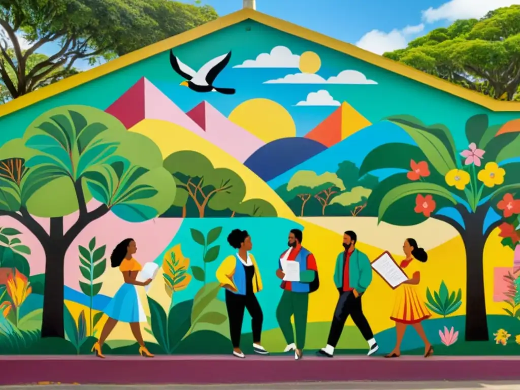 Vibrante mural de poesía posguerra Iberoamérica, celebra identidades en escenas coloridas de unidad y esperanza